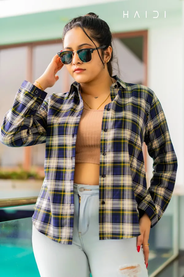 Check Shirt - Ash Check top - Beige and Blue Stripe