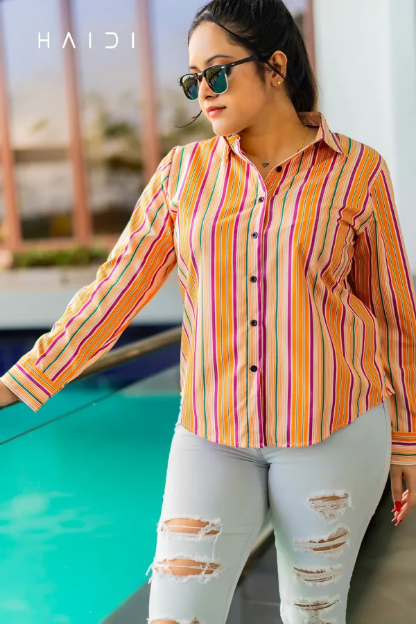 Stripe Long Sleeve Blouse - Orange Color Wide Stripe