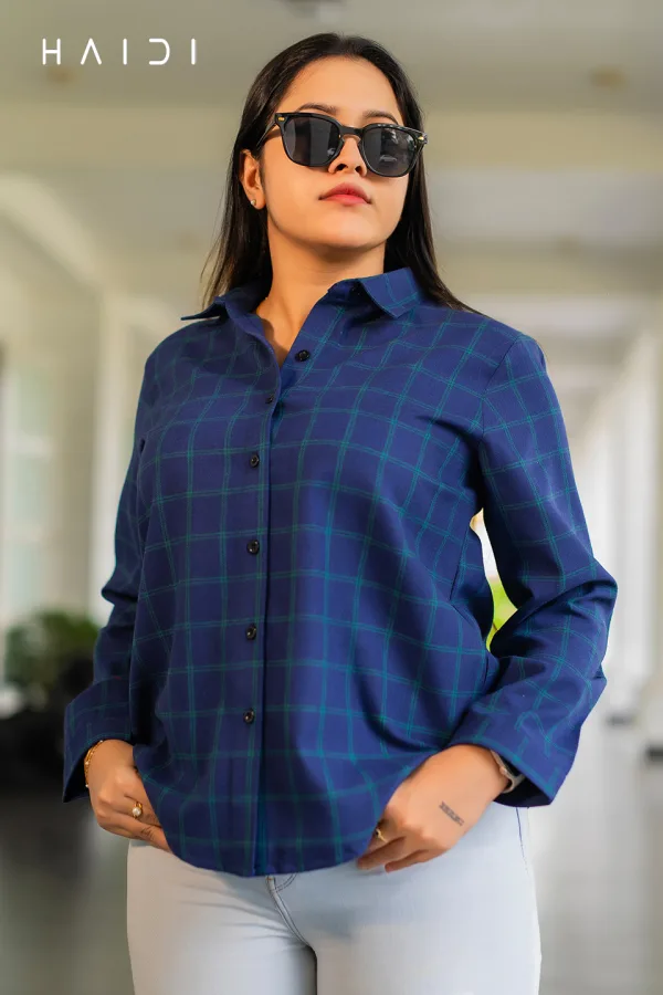Long Sleeve Shirt Blouse – Peacock Blue - Green Check