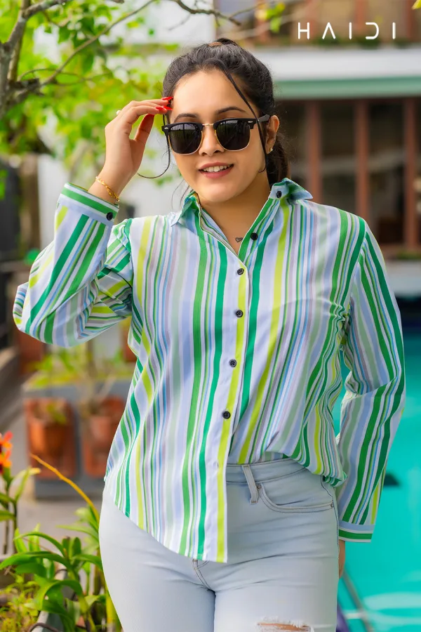 Stripe Long Sleeve Blouse -Green And Yellow Stripe In Off White Background