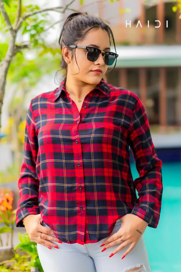Long Sleeve Shirt Blouse – Red and Black Check