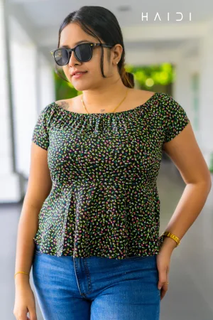 Black Background Green Floral Print Off Shoulder Peplum Top