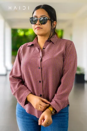 Long Sleeve Shirt Blouse - Maroon Gingham