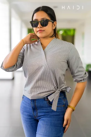 Self tie Long sleeve wrap front top - Stripe