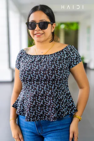 Black Background Blue Floral Print Off Shoulder Peplum Top