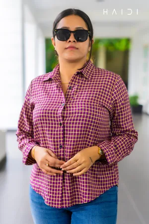 Long Sleeve Shirt Blouse - Maroon Big Square