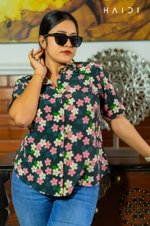 Short Sleeve Shirt Blouse - Floral Print - Short Sleeve - Dark Green