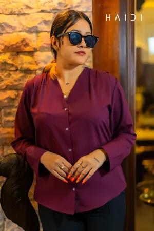 Long Sleeve Blouse With V Neck - Shoulder Pleated - Dark Purple