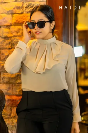 Long Sleeve Blouse With High Neck - Frill Neck - Beige Colour
