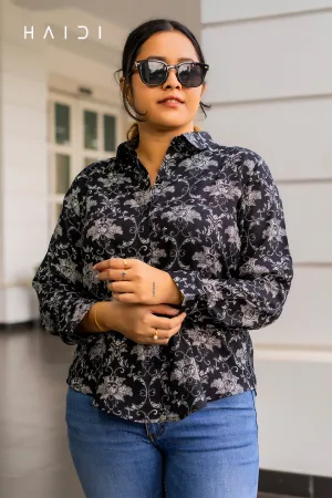 Long Sleeve Shirt Blouse - Black Background Ash Brocade Print