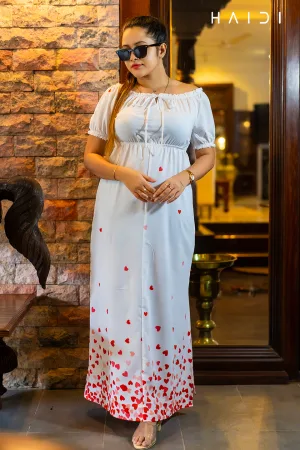 Broder Print Maxi Dress - White BG - Heart Print