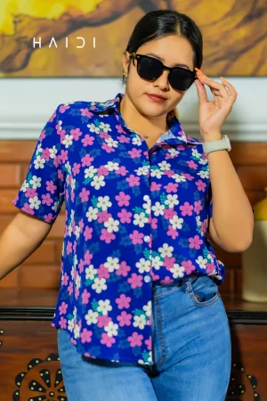 Short Sleeve Shirt Blouse - Floral Print - Short Sleeve - Navy Blue