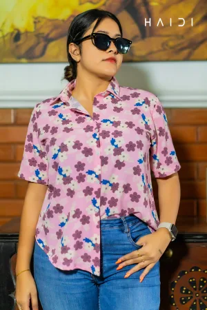 Short Sleeve Shirt Blouse - Floral Print - Short Sleeve - Pink