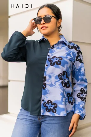 Long Sleeve Blouse - Color Blocking Navy Blue - Printed