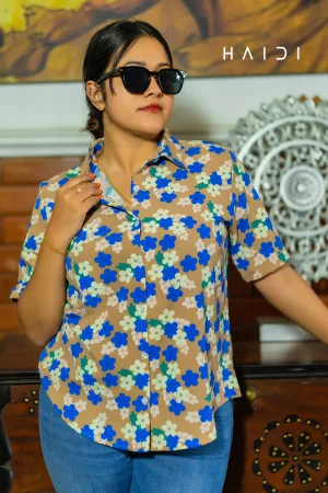 Short Sleeve Shirt Blouse - Floral Print - Short Sleeve - Beige Brown