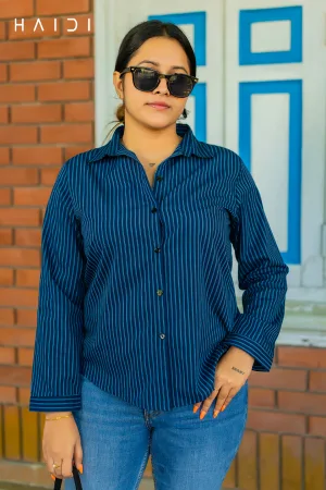 Long Sleeve Shirt Blouse - Dark Blue Background Light Blue Stripe