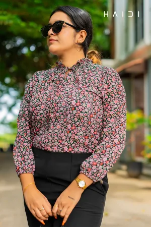 Long Sleeve Blouse With High Neck - Frill Neck Tie - Black background Orange Floral print