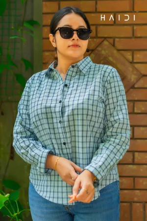 Long Sleeve Shirt Blouse - White Ash Background Blue Square