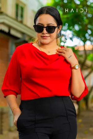 Three quarter sleeve cowl neck blouse - Red Colour