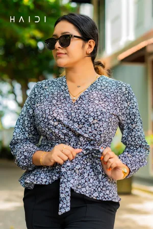 Self tie Long sleeve wrap peplum top - Black background white leopard print