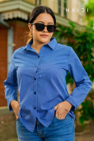 Long Sleeve Shirt Blouse - Light Blue Background Dark Blue Stripe