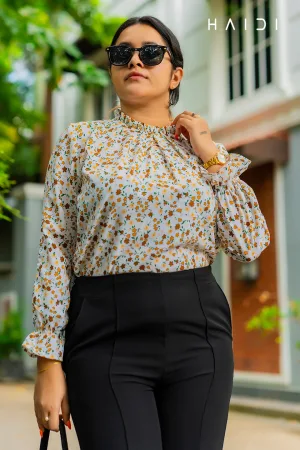 Long Sleeve Blouse With High Neck - Frill Neck - Off white background Floral print