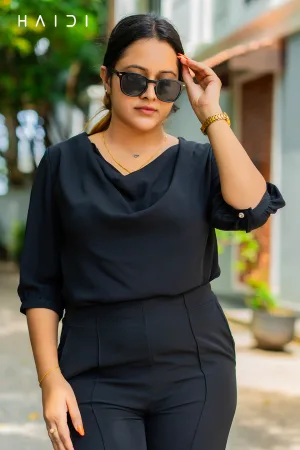 Three quarter sleeve cowl neck blouse - Black Colour