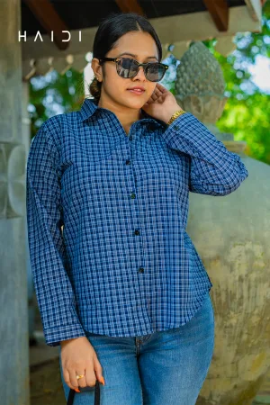 Long Sleeve Shirt Blouse - Light Blue Background Dark Blue Square