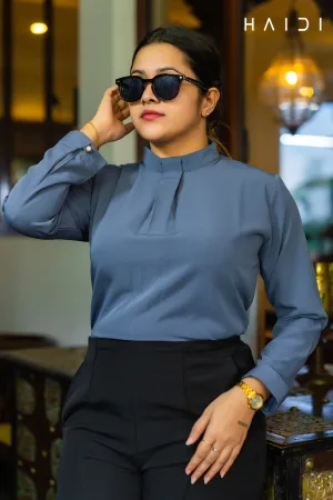 Office-wear Blouse - Box Pleated High Neck - Ash