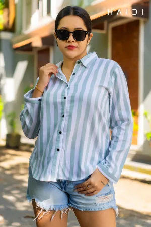 Stripe Shirt Blouse - White BG - Light Ash Green Wide Stripe