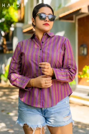 Stripe Shirt Blouse - Brown BG - Red, purple Stripe Shirt Blouse