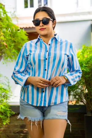 Stripe Shirt Blouse - White BG - Sky Blue Wide Stripe Thin Purple Stripe