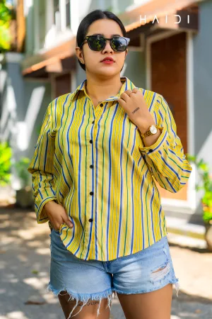 Stripe Shirt Blouse - Yellow Color Stripe - Blue Green Thin Line