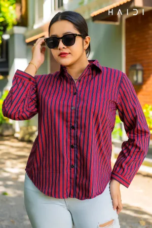 Stripe Shirt Blouse - Purple BG - Red Stripe Shirt Blouse