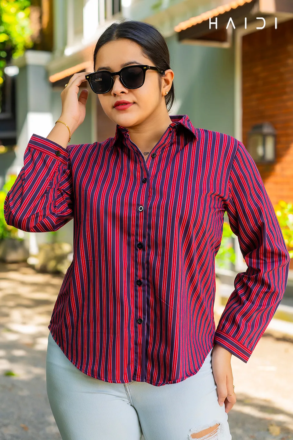 Stripe Shirt Blouse - Purple BG - Red Stripe Shirt Blouse 1 Stripe Shirt Blouse - Purple BG - Red Stripe Shirt Blouse
