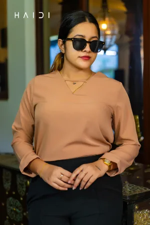 Office-wear Blouse - Slash V neck - Beige Color