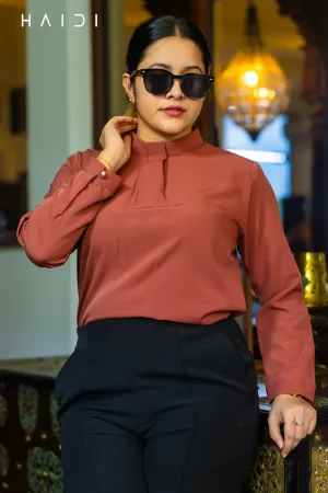 Office-wear Blouse - Box Pleated High Neck - Brown