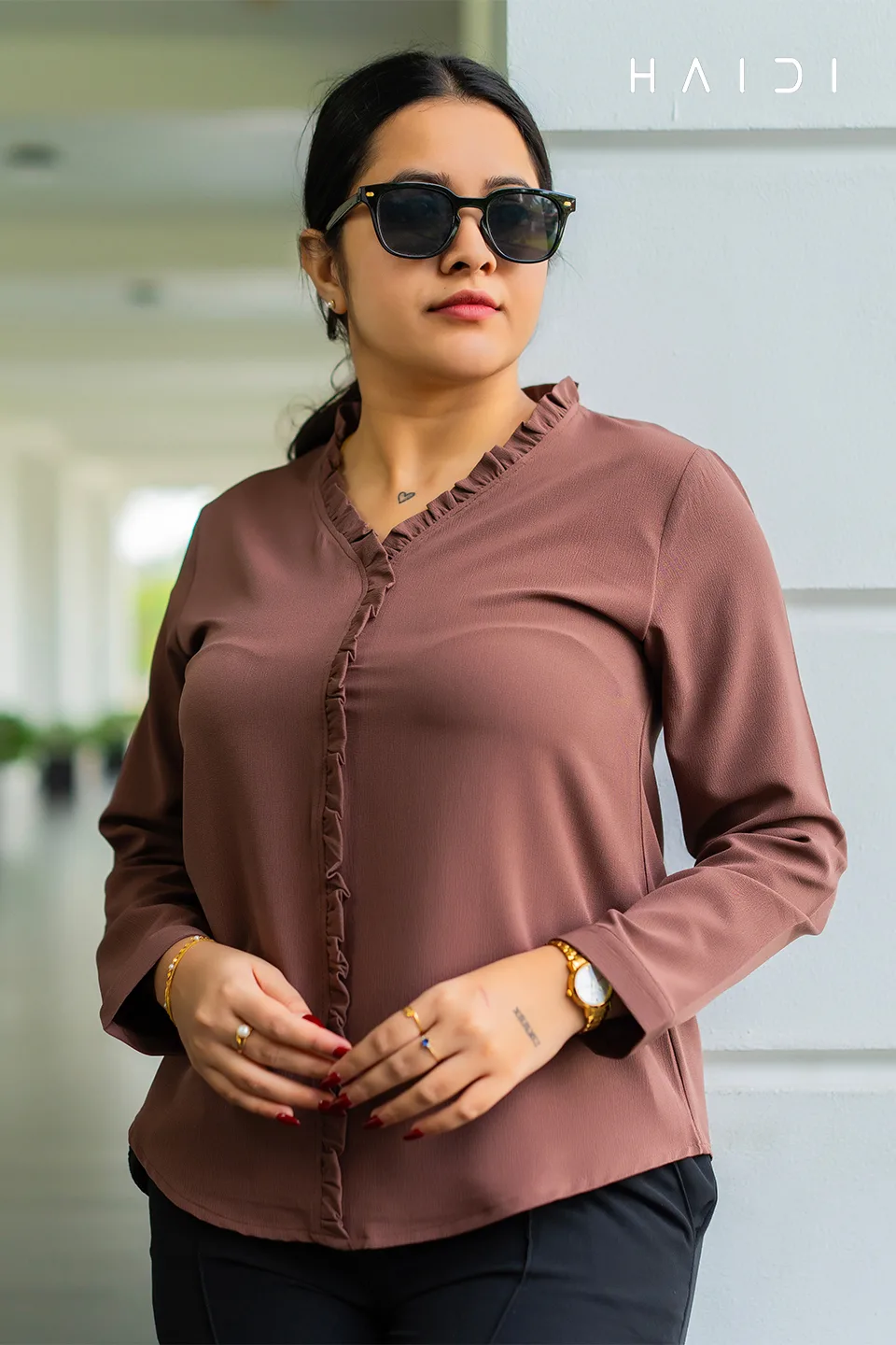 Office-wear Blouse - Raffle Y Neck Brown 1 Office-wear Blouse - Raffle Y Neck Brown