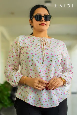 Office-wear Blouse - Round Neck Tie - Floral Print