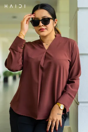 Office-wear Blouse - Front Box Pleated - Dark Brown