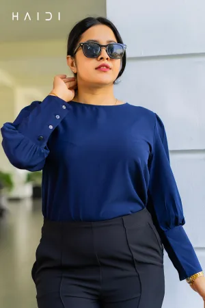 ong Sleeve Blouse With Button Sleeve Cuff – Dark Blue