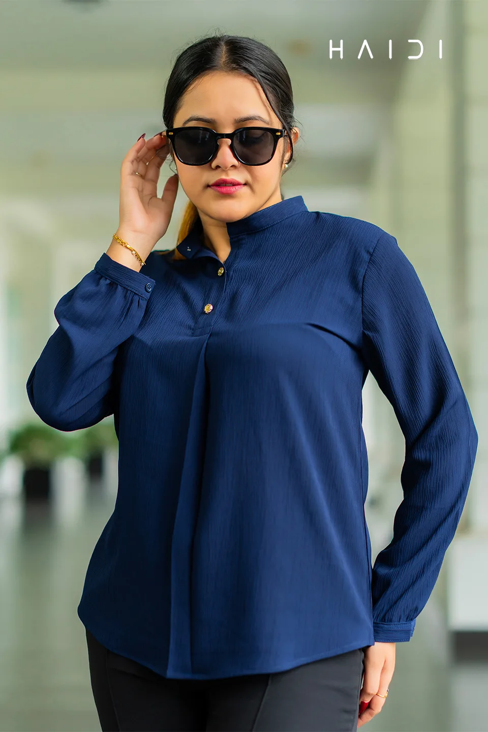 Office-wear Blouse - High Neck Dark Blue 1 Office-wear Blouse - High Neck Dark Blue