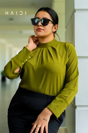 Office-wear Blouse - Pleated Neck - Olive Green