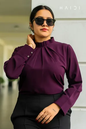 Office-wear Blouse - Raffle Pleated Neck - Dark Purple