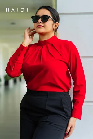 Office-wear Blouse - Pleated Neck - RED